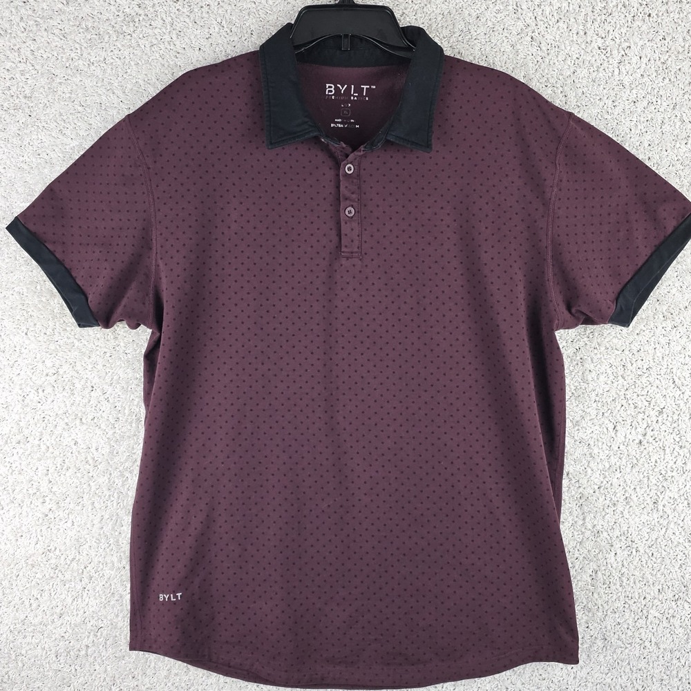 BYLT Premium Basics Lux Maroon‎ Polka Dot Polo Shirt Men's XL All Over Print